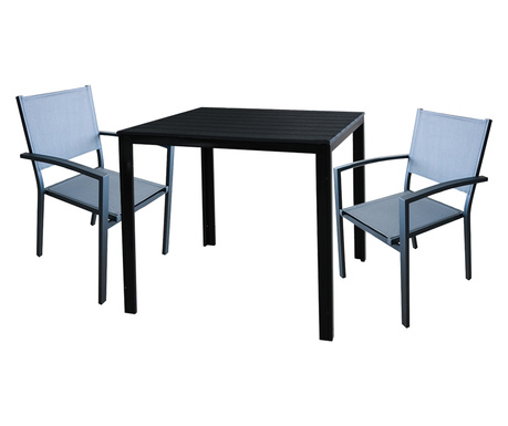 Set mobila pentru terasa/balcon masa patrata neagra RAKI BAKA 78xh74cm cu 2 scaune cu brate din panza cu cadru aluminiu