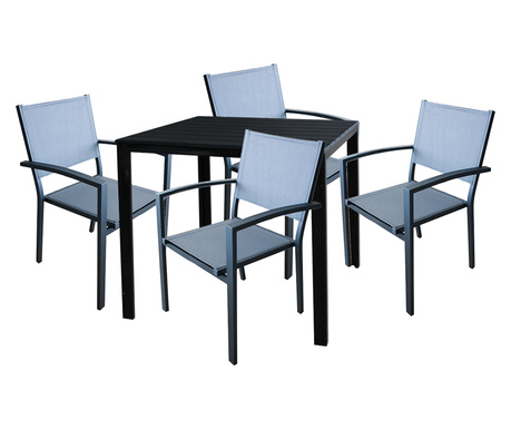 Set mobilier terasa/gradina masa patrata neagra RAKI BAKA 78xh74cm cu 4 scaune cu brate din panza cu cadru aluminiu