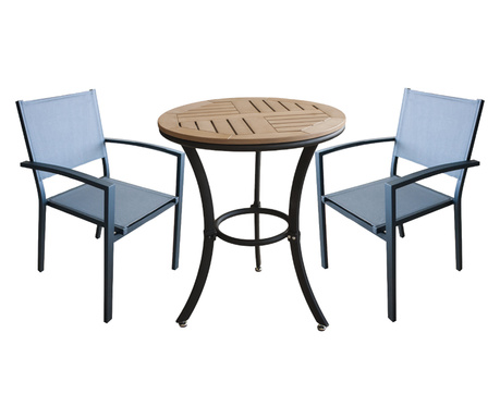 Set mobila pentru terasa/balcon RAKI HUNA masa rotunda polywood 78xh74cm cu 2 scaune cu brate din panza cu cadru aluminiu