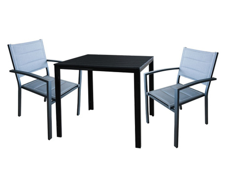 RAKI BAKA Set terasa/balcon masa patrata neagra 78xh74cm cu 2 scaune cu brate, din panza dubla cu cadru aluminiu