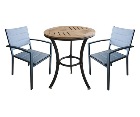 RAKI HUNA Set terasa/balcon masa rotunda polywood 78xh74cm cu 2 scaune cu brate, din panza dubla cu cadru aluminiu