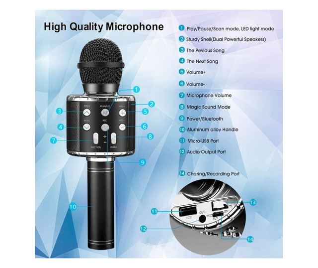 Microfon Karaoke MRG MWS858, Bluetooth, Reincarcabil, Negru