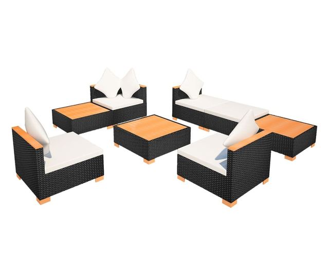 Vrtni namještaj s jastucima, 8 dijelova, crna boja, poliratan
