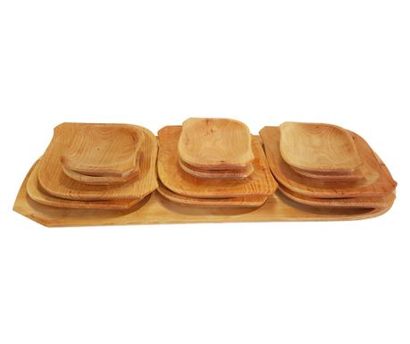Set Platou Rustic 13 piese din lemn 1 platou , 6 farfurii mari si 6 mici