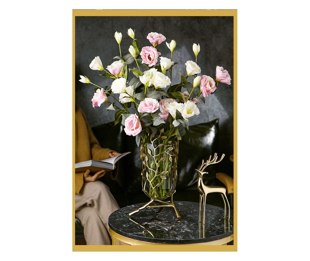 Vaza decorativa pentru flori din sticla, suport metalic auriu motiv floral, 20x20x24cm, Orient - 2