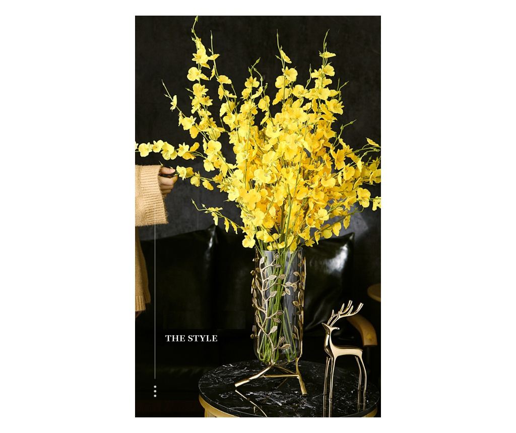 Vaza decorativa pentru flori din sticla, suport metalic auriu motiv floral, 20x20x24cm, Orient - 4