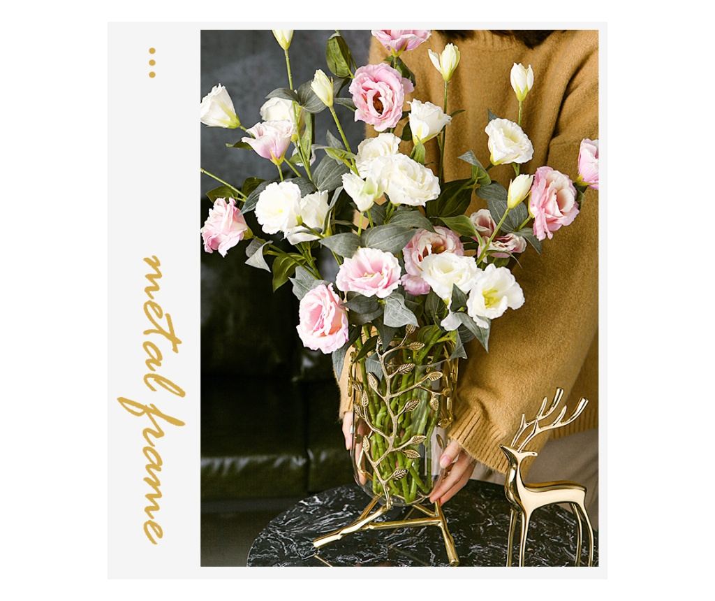 Vaza decorativa pentru flori din sticla, suport metalic auriu motiv floral, 20x20x24cm, Orient - 5