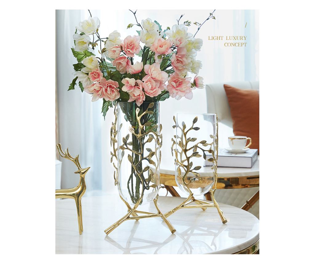 Vaza decorativa pentru flori din sticla, suport metalic auriu motiv floral, 20x20x24cm, Orient - 7