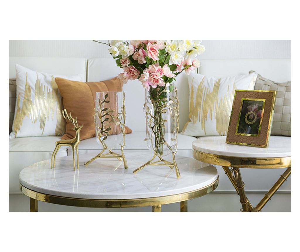 Vaza decorativa pentru flori din sticla, suport metalic auriu motiv floral, 20x20x24cm, Orient - 8