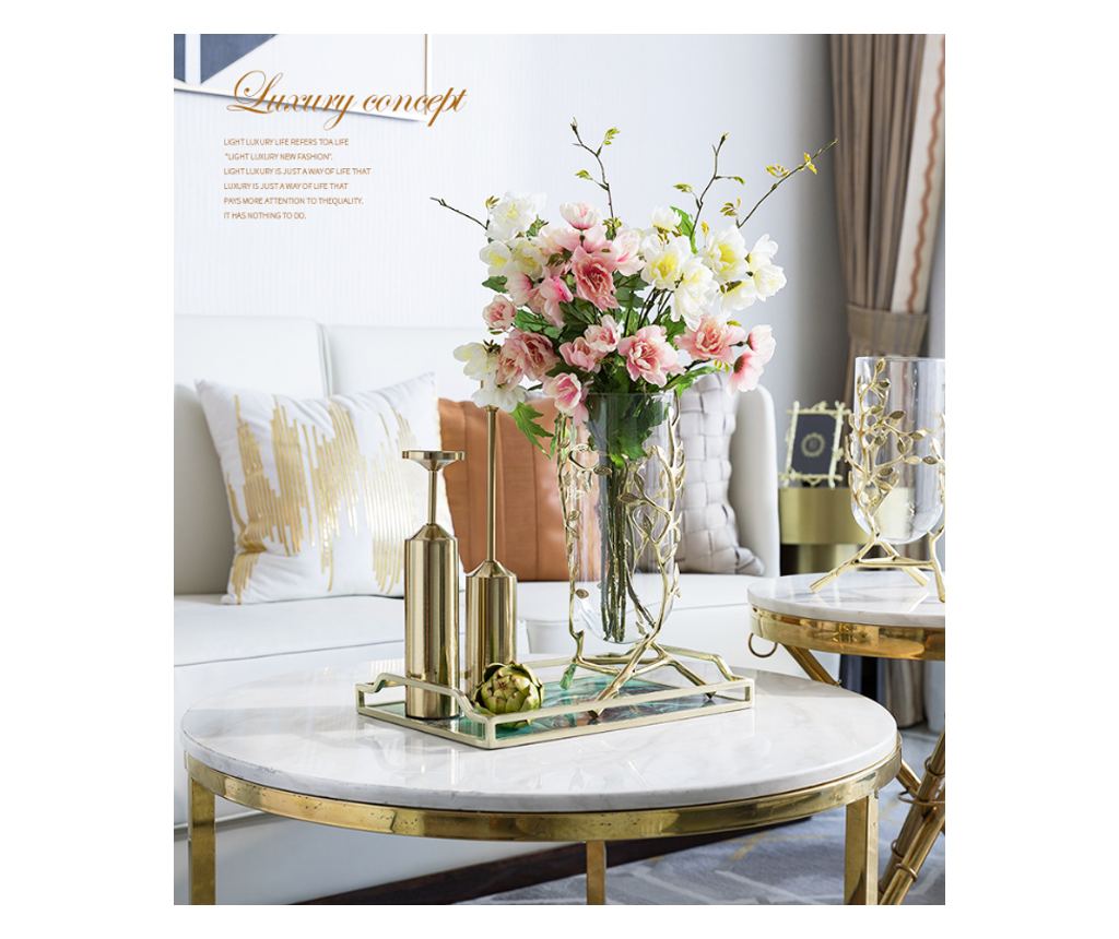 Vaza decorativa pentru flori din sticla, suport metalic auriu motiv floral, 20x20x24cm, Orient - 10