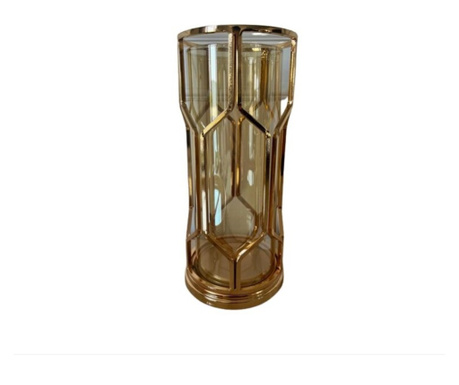 Vaza decorativa pentru flori din sticla chihlimbar, suport metalic auriu, 12x12x28cm, Malia
