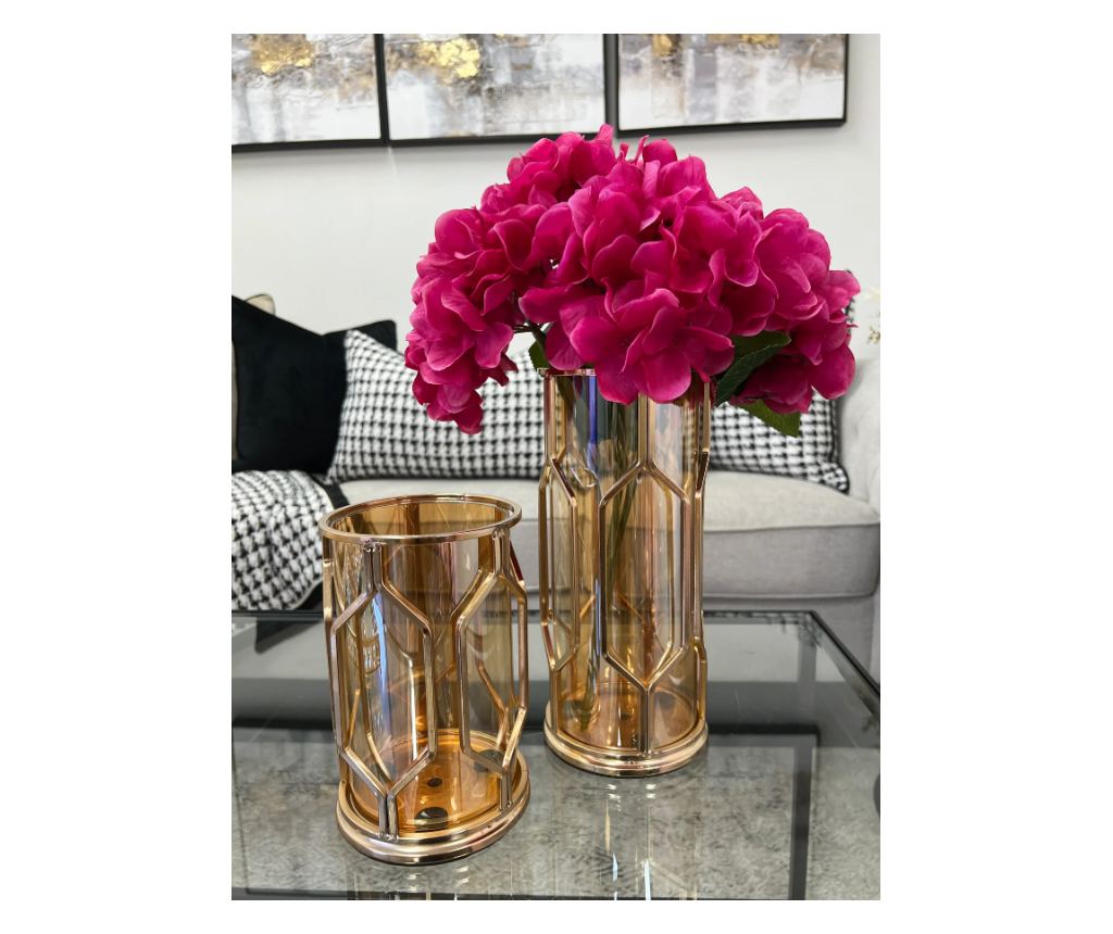 Vaza decorativa pentru flori din sticla chihlimbar, suport metalic auriu, 12x12x28cm, Malia - 2