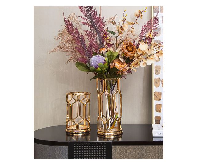 Vaza decorativa pentru flori din sticla chihlimbar, suport metalic auriu, 12x12x28cm, Malia