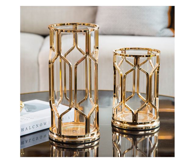 Vaza decorativa pentru flori din sticla chihlimbar, suport metalic auriu, 12x12x28cm, Malia