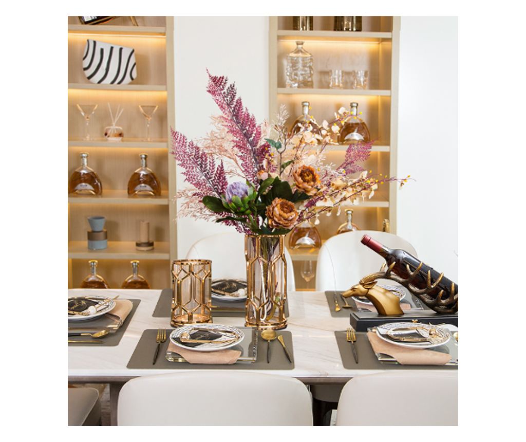 Vaza decorativa pentru flori din sticla chihlimbar, suport metalic auriu, 12x12x28cm, Malia - 5