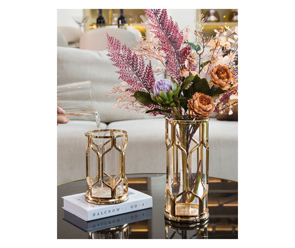 Vaza decorativa pentru flori din sticla chihlimbar, suport metalic auriu, 12x12x28cm, Malia - 6