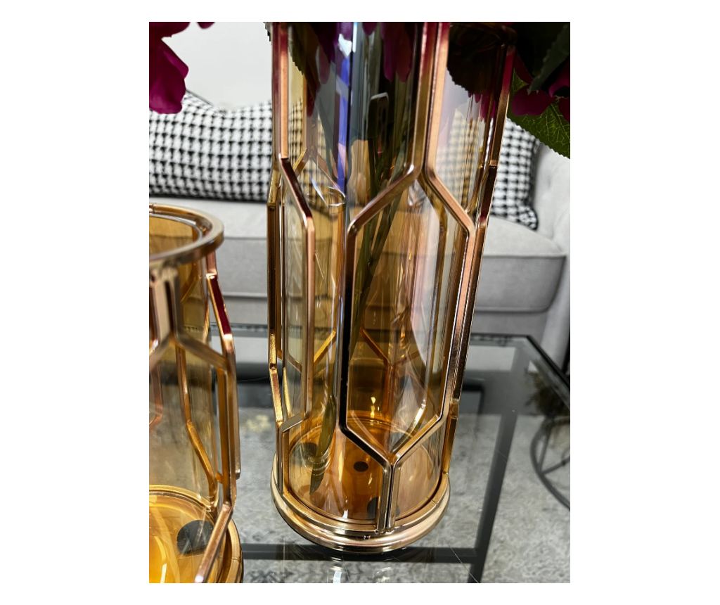 Vaza decorativa pentru flori din sticla chihlimbar, suport metalic auriu, 12x12x28cm, Malia - 8
