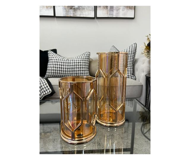 Vaza decorativa pentru flori din sticla chihlimbar, suport metalic auriu, 12x12x28cm, Malia