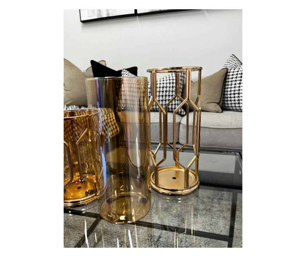 Vaza decorativa pentru flori din sticla chihlimbar, suport metalic auriu, 12x12x28cm, Malia - 10