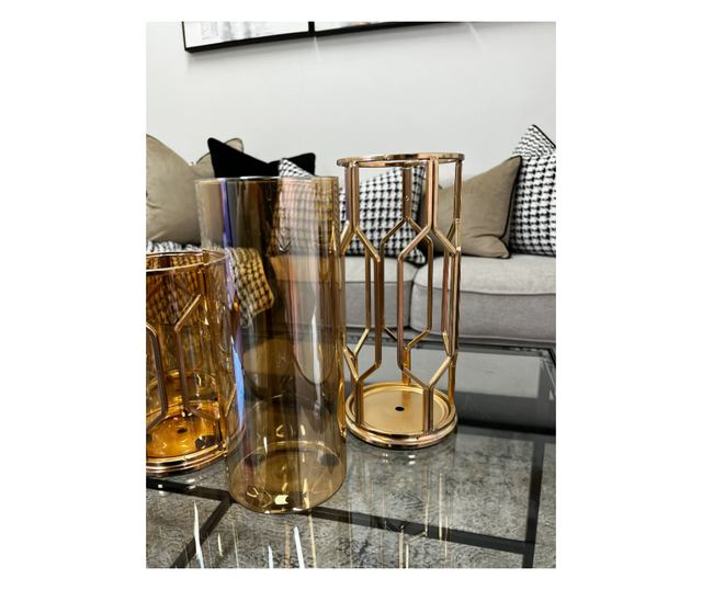 Vaza decorativa pentru flori din sticla chihlimbar, suport metalic auriu, 12x12x28cm, Malia