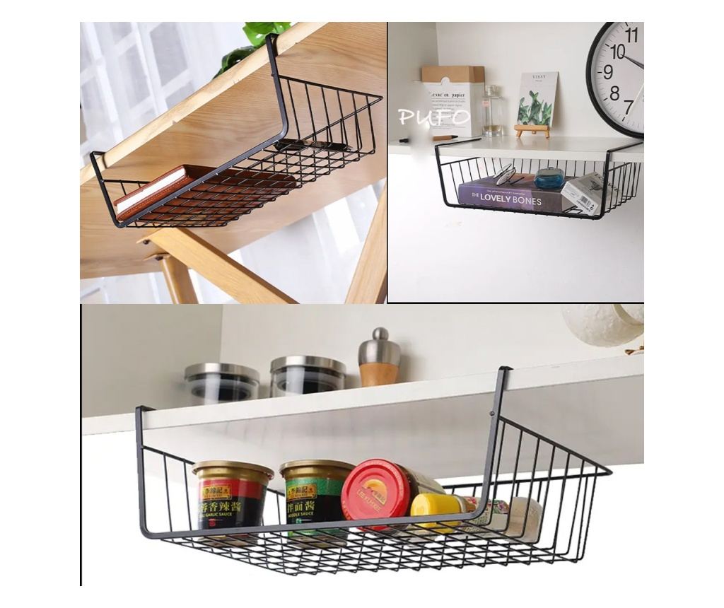 Suport metalic tip cos pentru depozitare sub raft Pufo pentru casa si bucatarie, multifunctional, 40 x 27 cm, negru - 2