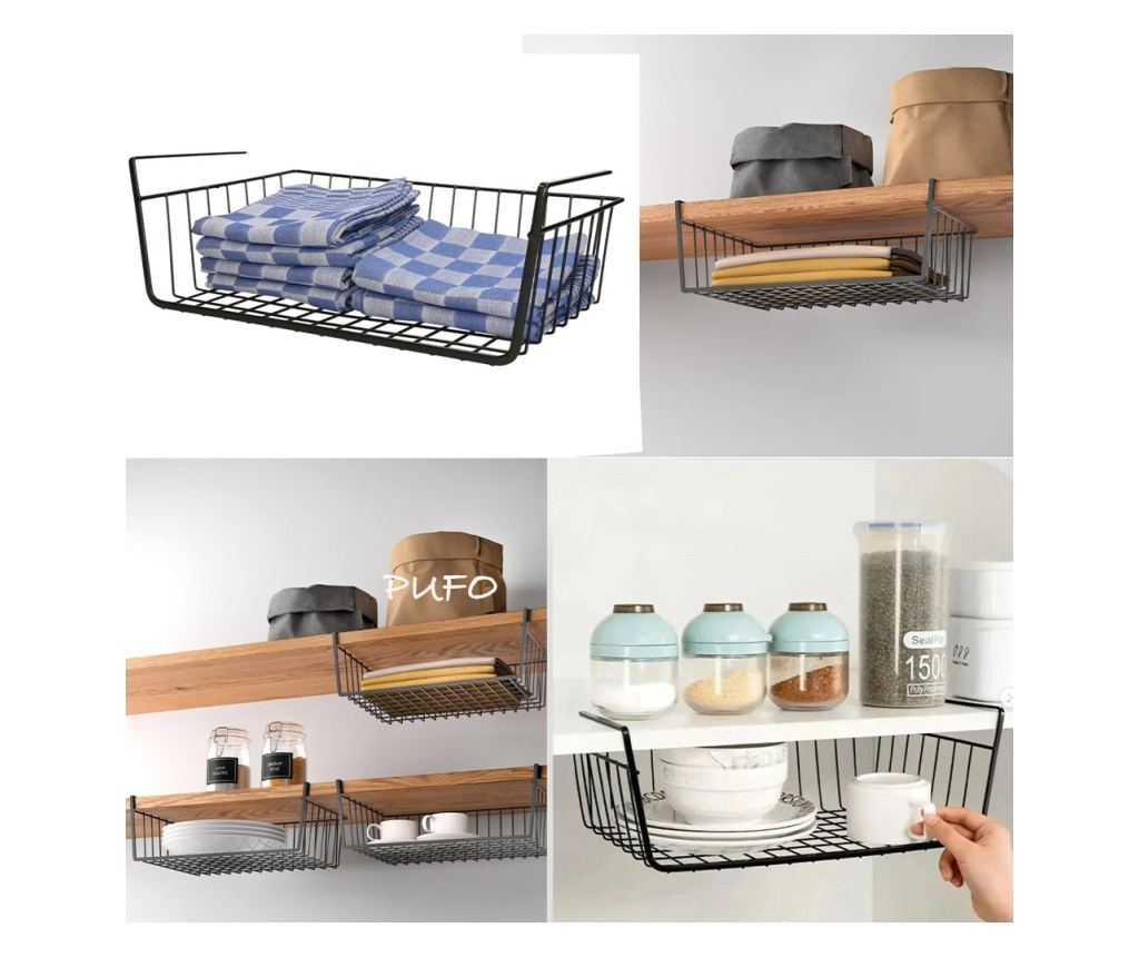 Suport metalic tip cos pentru depozitare sub raft Pufo pentru casa si bucatarie, multifunctional, 40 x 27 cm, negru - 3