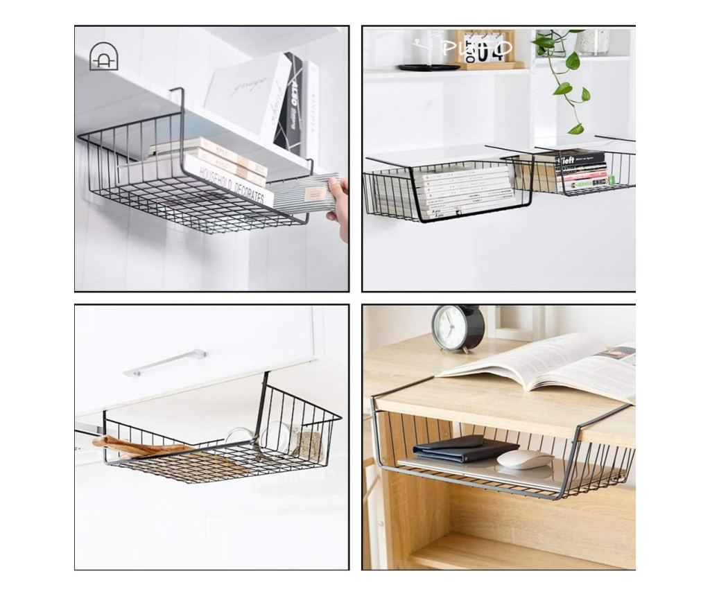 Suport metalic tip cos pentru depozitare sub raft Pufo pentru casa si bucatarie, multifunctional, 40 x 27 cm, negru - 6