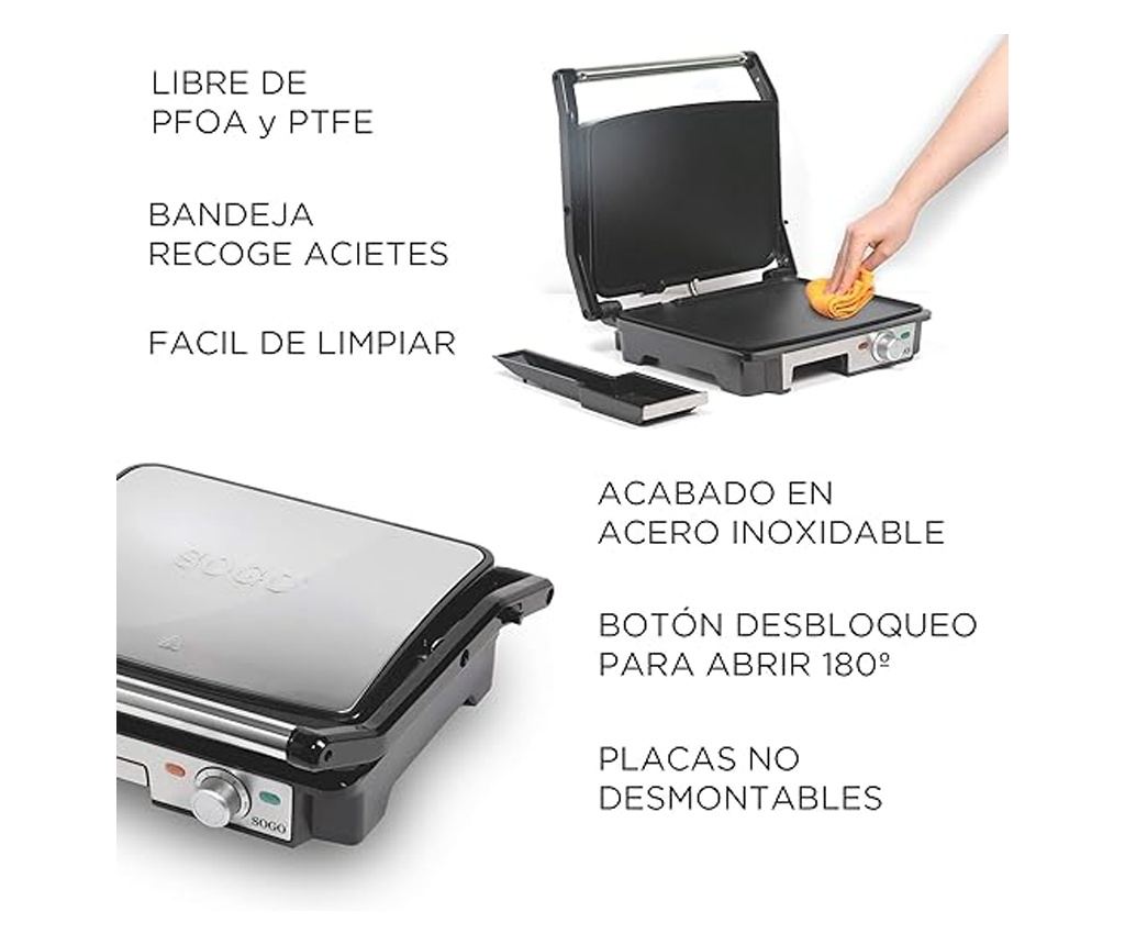 PRESĂ DE SANDVISURI, 4 FELII, PLĂCI DE GRĂTAR SIMPLE - 2000W - 4