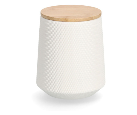 Staklenka za pohranu s poklopcem od bambusa, 1080 ml, keramika, bijela, Ø 13 x 15,4 cm