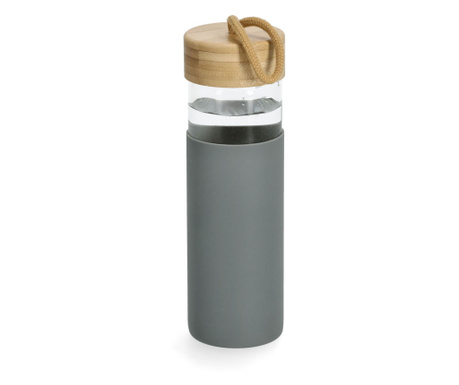 Boca za piće s poklopcem od bambusa i silikonskom oblogom, 500 ml, staklo, sivo, Ø 7 x 21,5 cm