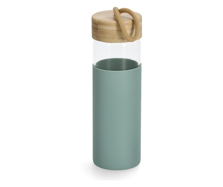 Boca za piće s poklopcem od bambusa i silikonskom oblogom, 500 ml, staklo, zeleno, Ø 7 x 21,5 cm