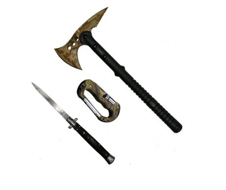 Комплект брадва, многофункционална карабина и автоматичен нож, IdeallStore®, стомана, черен