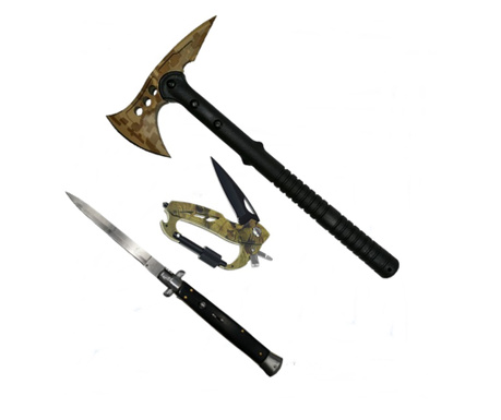 Комплект брадви, 6-в-1 Многофункционална карабина и автоматичен нож, IdeallStore®, Стомана, Черен