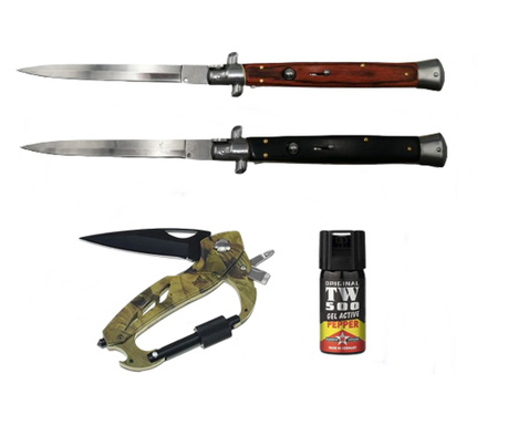 Комплект от 2 ножа, лютив спрей и многофункционална карабина, IdeallStore®, неръждаема стомана