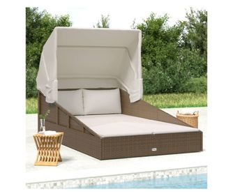 Șezlong cu acoperiș pliabil, maro, 200x114x128 cm, poliratan