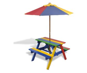 Маса за пикник за деца с пейки и чадър, многоцветно дърво