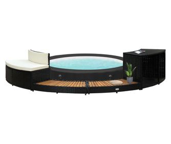 Mobilier de împrejmuire spa, negru, poliratan și lemn de acacia