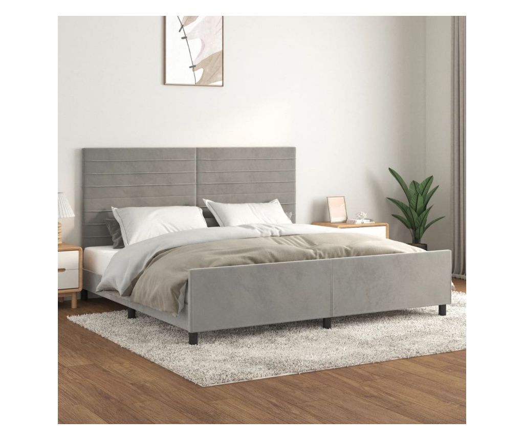 Ágykeret fejvéggel, világosszürke, 200x200 cm, bársony