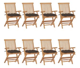 Градински столове с таупе сиви възглавнички, 8 бр., тиково дърво от масив