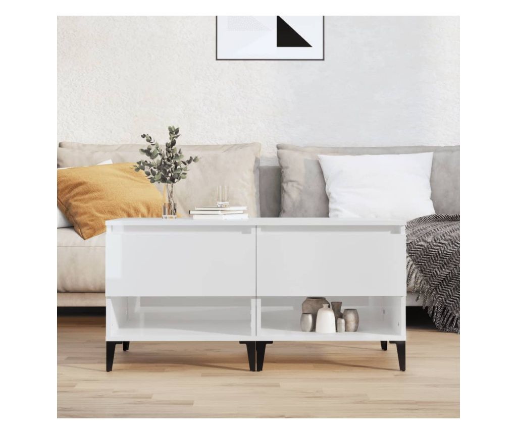 Mese laterale 2 buc. alb extralucios 50x46x50 cm lemn compozit