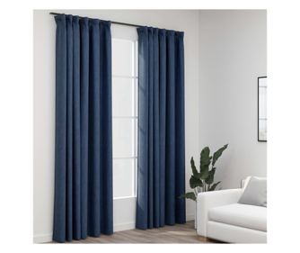 Затъмняващи завеси с куки имитация лен 2 бр сини 140x245 см
