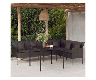 Градински ъглов диван с възглавници, черен, полиратан