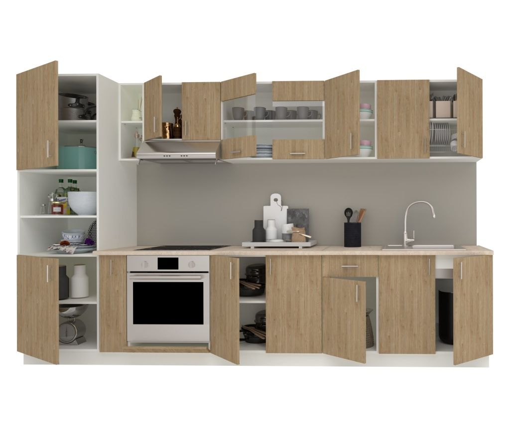 Karo V33 Kitchen Set, Natural Wood/White, Thermo Top 28 mm, L 340 cm