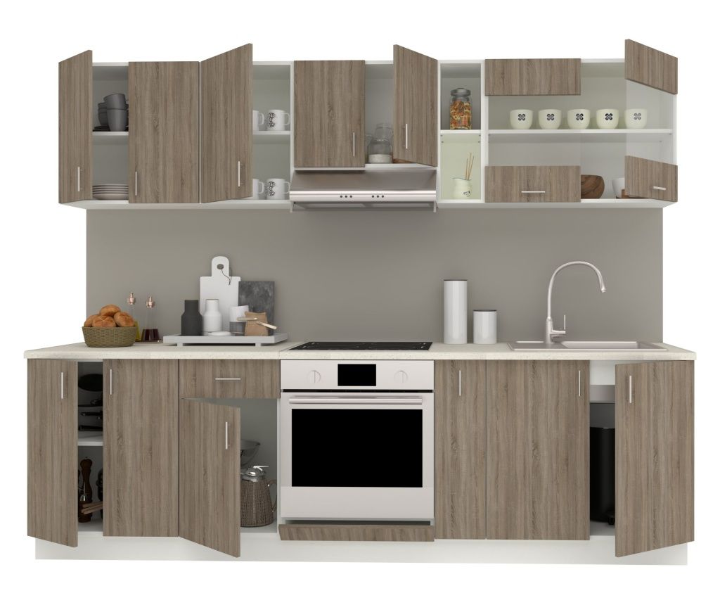 Set Bucatarie Karo V19, Stejar Sonoma Inchis/Alb, Blat Thermo 28 mm, L 260 cm