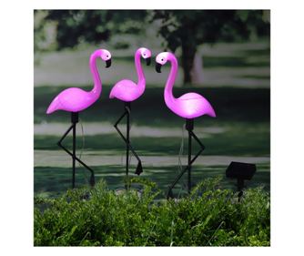 HI Lampă solară de grădină cu LED și țăruș, flamingo, 3 buc.