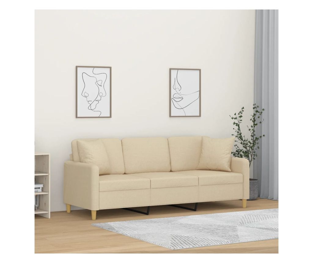 Canapea cu 3 locuri cu pernuțe, crem, 180 cm, textil