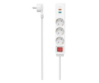 HAMA Разклонител USB-C/USB-A 3.4A, 3 гнезда, 2x USB, PD/Quick charge, макс 18W,1.4м, 3680W, бял