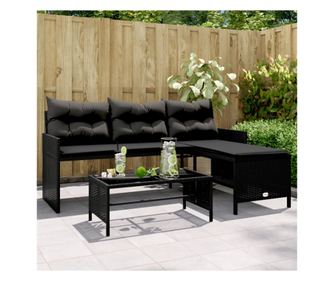 Градински диван с маса/възглавници, Г-образен, черен полиратан