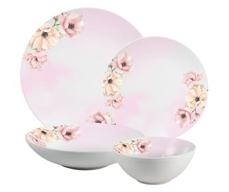 Set farfurii, Fiori Rosa, 24 piese, 6 persoane, Cesiro, Alb cu decor flori roz