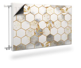 Magnet Muralo, decor radiator, alb si auriu, hexagoane stil marmura  80x60